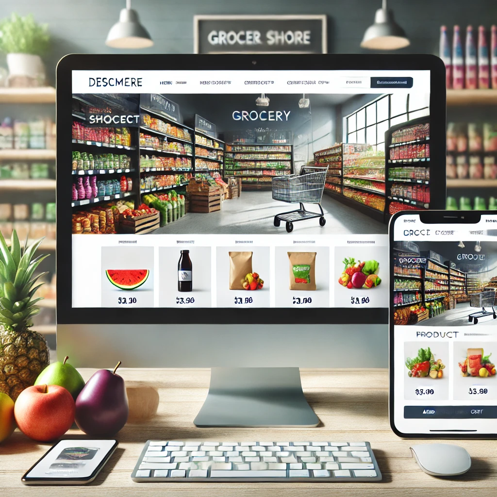 DALL·E 2024-09-30 17.42.47 - A professional, modern e-commerce website for a grocery store shown on a desktop and mobile screen. The design features a clean, responsive layout wit