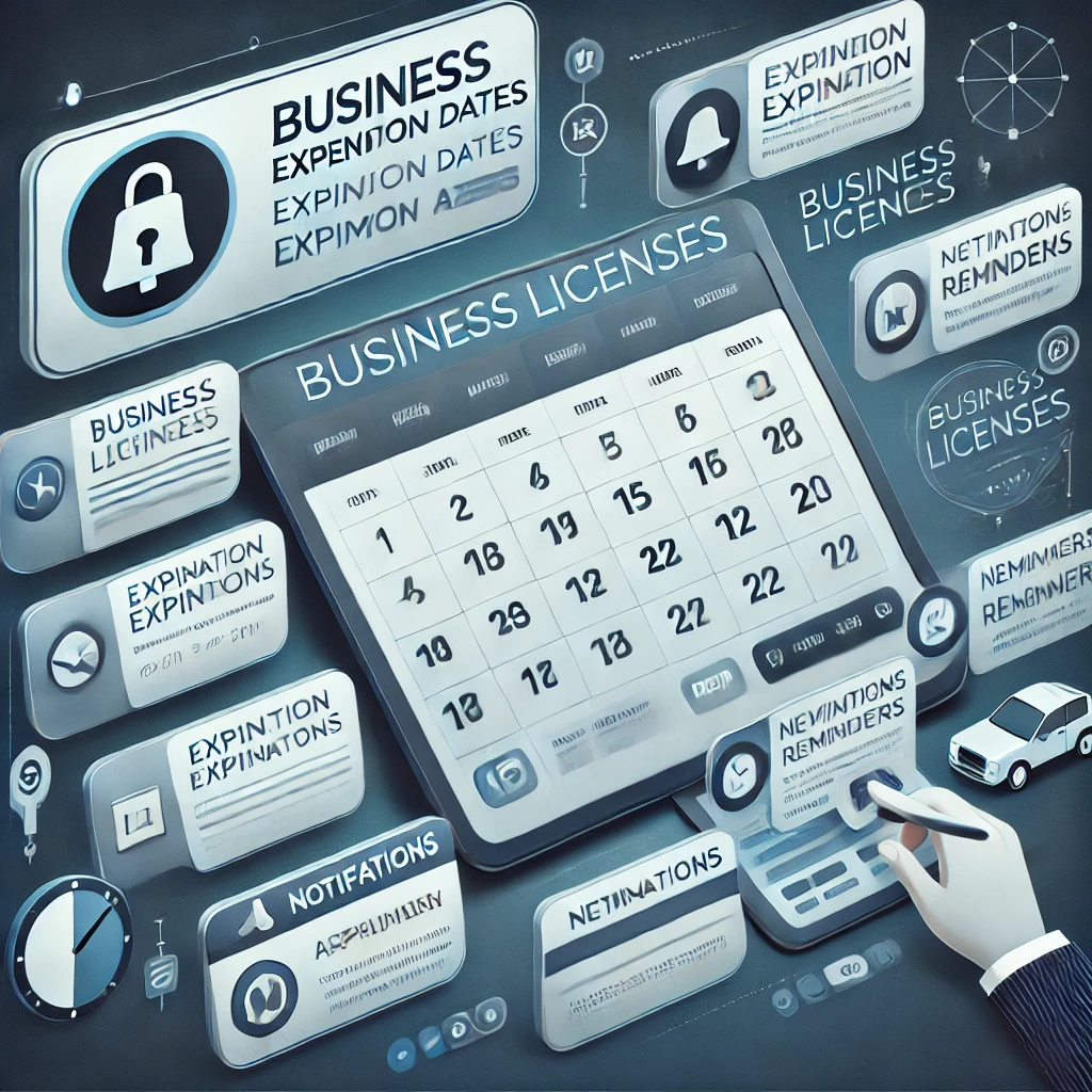 DALL·E 2024-10-01 17.09.50 - A sleek and modern illustration of a digital dashboard showcasing business licenses with expiration dates, notifications, and alerts. The interface ha