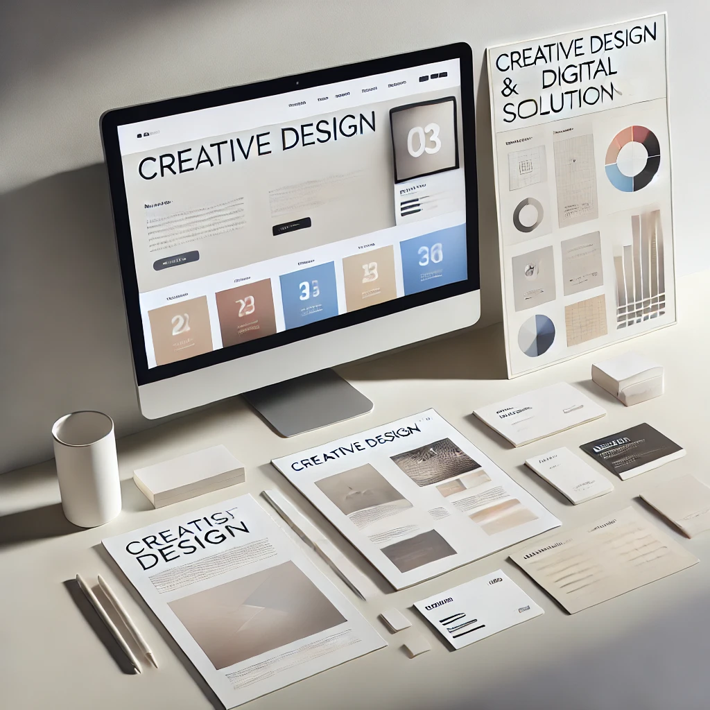 DALL·E 2024-10-11 23.59.50 - A simple and clean image showcasing creative design and digital solutions. The image features a modern website layout on a screen, a minimalistic logo